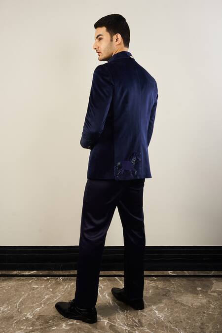 Soniya G_Blue Silk, Velvet, Satin Embroidery, Cut Work Navy Horse Tuxedo Set _at_Aza_Fashions