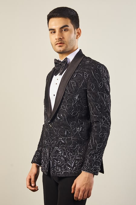 Soniya G_Black Satin, Cotton Embroidery Cutdana Tuxedo Set _Online_at_Aza_Fashions