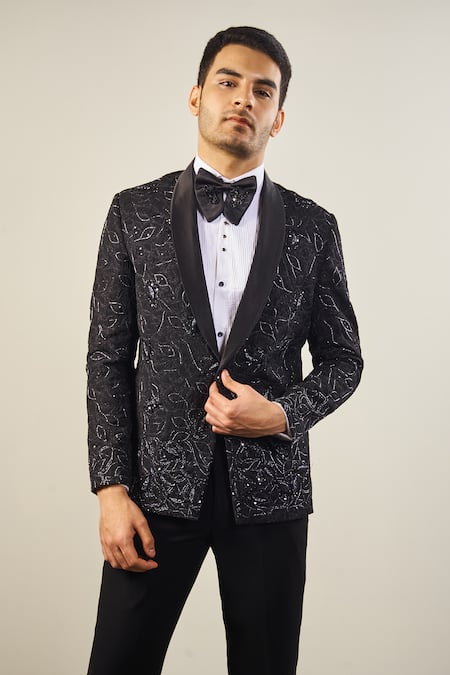 Buy_Soniya G_Black Satin, Cotton Embroidery Cutdana Tuxedo Set _Online_at_Aza_Fashions