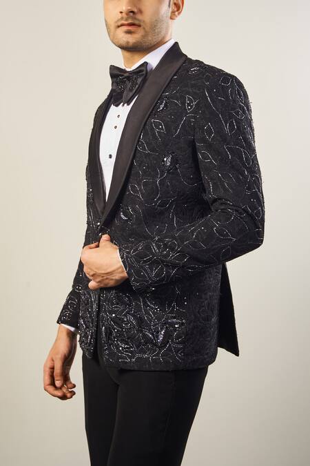 Shop_Soniya G_Black Satin, Cotton Embroidery Cutdana Tuxedo Set _Online_at_Aza_Fashions