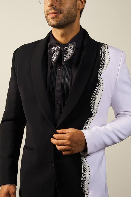 Soniya G Black Cotton, Satin Cut Work, Embroidery Leaf Placement Tuxedo Set Online at Aza Fashions Soniya G_Black Cotton, Satin Cut Work, Embroidery Leaf Placement Tuxedo Set _Online_at_Aza_Fashions