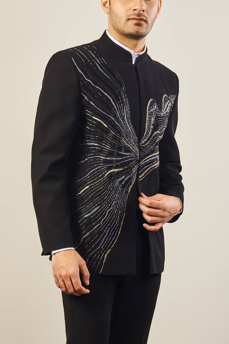 Soniya G_Black Satin, Cotton Cut Work Cutdana Embroidered Jodhpuri Jacket Set _Online_at_Aza_Fashions