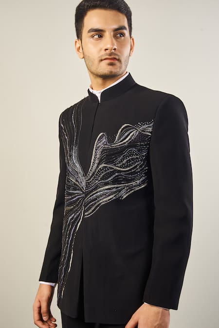 Buy_Soniya G_Black Satin, Cotton Cut Work Cutdana Embroidered Jodhpuri Jacket Set _Online_at_Aza_Fashions