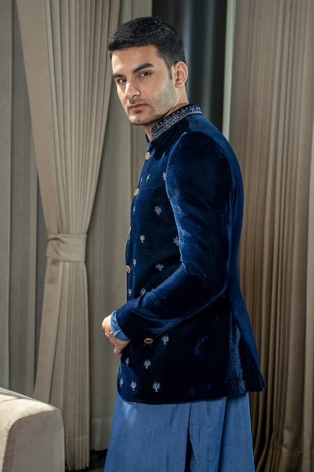 Soniya G_Blue Silk, Velvet, Satin Embroidery, Zari Floral Jodhpuri Jacket Set _Online_at_Aza_Fashions