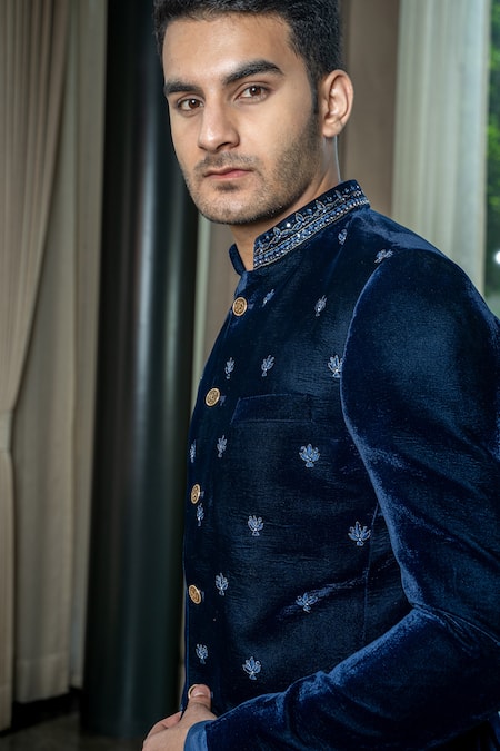 Buy_Soniya G_Blue Silk, Velvet, Satin Embroidery, Zari Floral Jodhpuri Jacket Set _Online_at_Aza_Fashions