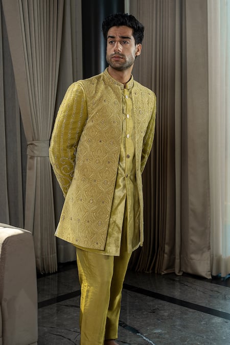 Soniya G Gold Silk Velvet Embroidery Thread Paisley Jodhpuri Jacket And Sherwani Set 