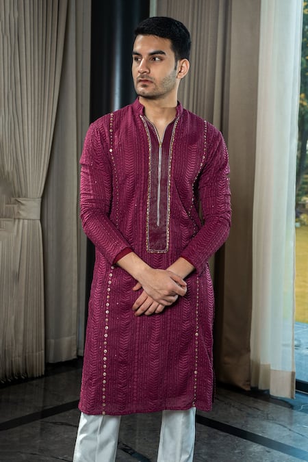 Shop_Soniya G_Wine Georgette, Satin Embroidery, Sequins Chikankari Kurta Set _at_Aza_Fashions