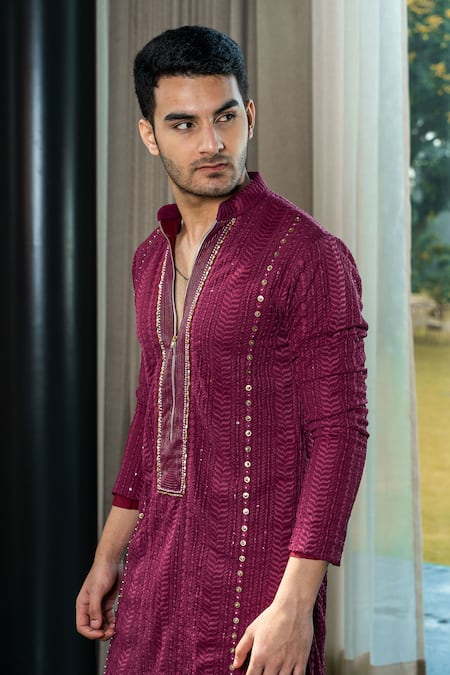 Soniya G_Wine Georgette, Satin Embroidery, Sequins Chikankari Kurta Set _Online_at_Aza_Fashions