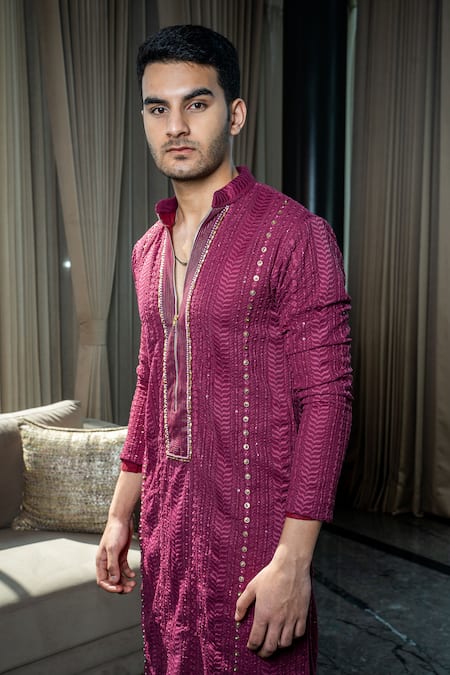 Shop_Soniya G_Wine Georgette, Satin Embroidery, Sequins Chikankari Kurta Set _Online_at_Aza_Fashions
