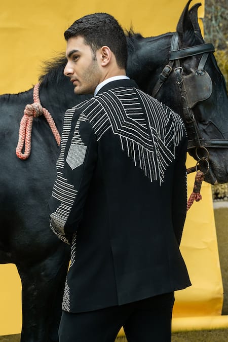 Shop_Soniya G_Black Satin, Cotton Cut Work, Embroidery Stripe Tuxedo Set _at_Aza_Fashions
