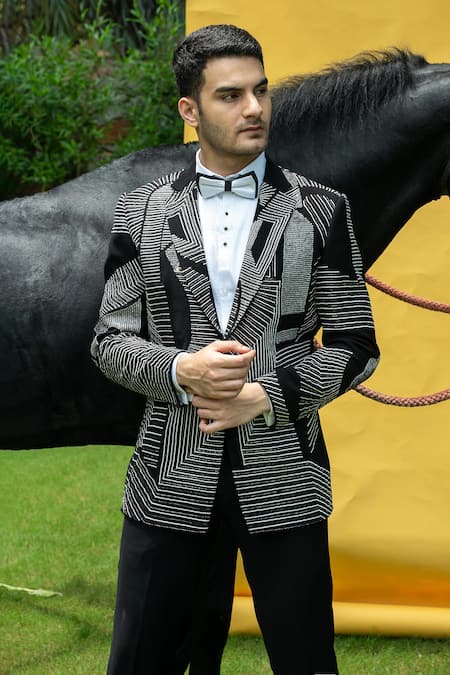 Soniya G_Black Satin, Cotton Cut Work, Embroidery Stripe Tuxedo Set _Online_at_Aza_Fashions