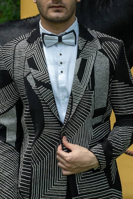 Buy_Soniya G_Black Satin, Cotton Cut Work, Embroidery Stripe Tuxedo Set _Online_at_Aza_Fashions