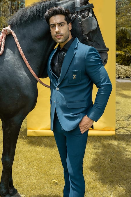 Soniya G_Blue Corduroy, Satin Suit Set _Online_at_Aza_Fashions