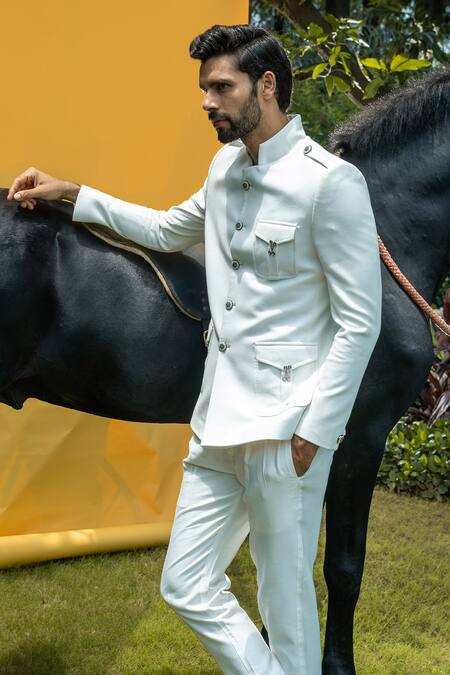 Soniya G_Ivory Corduroy, Satin Suit And Pant Set _Online_at_Aza_Fashions