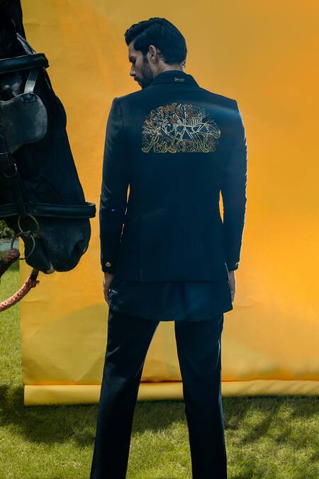 Shop_Soniya G_Black Corduroy, Satin Placement Embroidered Suit Set _at_Aza_Fashions