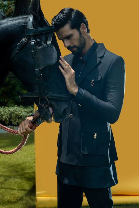 Buy_Soniya G_Black Corduroy, Satin Placement Embroidered Suit Set _Online_at_Aza_Fashions