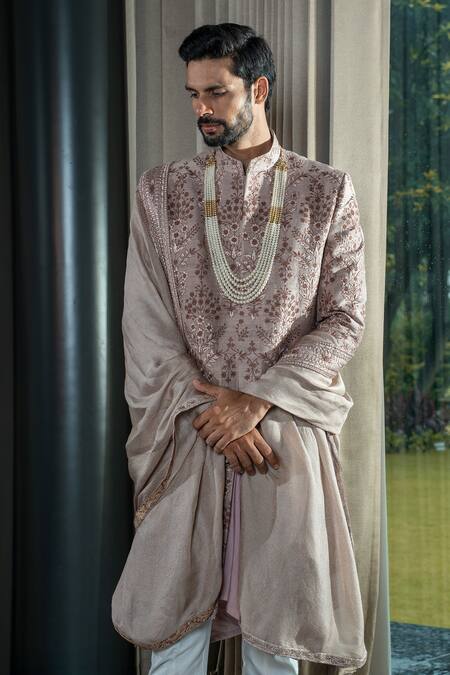 Soniya G Pink Silk, Satin Embroidery Floral Sherwani And Pant Set Online at Aza Fashions Soniya G_Pink Silk, Satin Embroidery Floral Sherwani And Pant Set _Online_at_Aza_Fashions