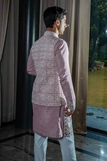 Shop_Soniya G_Pink Silk, Satin, Handloom Cotton Embroidery, Mirrors Floral Bundi Kurta Set _at_Aza_Fashions