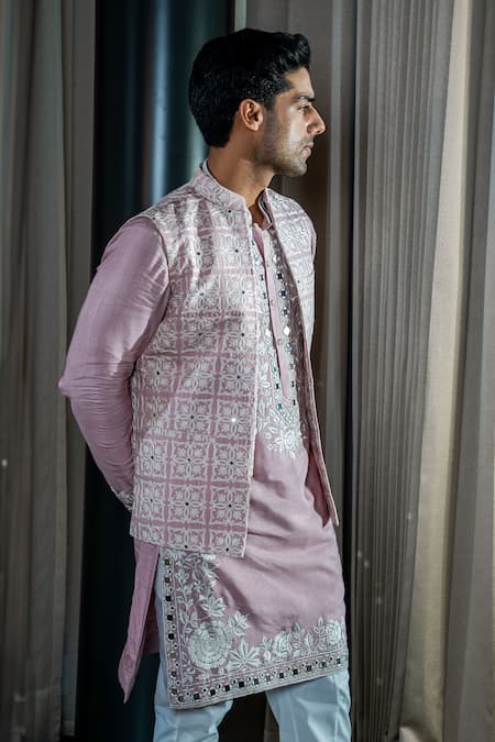 Soniya G_Pink Silk, Satin, Handloom Cotton Embroidery, Mirrors Floral Bundi Kurta Set _Online_at_Aza_Fashions