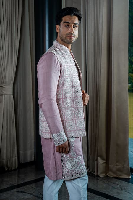 Buy_Soniya G_Pink Silk, Satin, Handloom Cotton Embroidery, Mirrors Floral Bundi Kurta Set _Online_at_Aza_Fashions