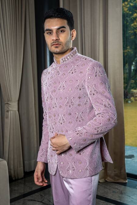 Soniya G Pink Silk, Velvet, Satin Embroidery Paisley Jodhpuri With Pant Online at Aza Fashions Soniya G_Pink Silk, Velvet, Satin Embroidery Paisley Jodhpuri With Pant _Online_at_Aza_Fashions