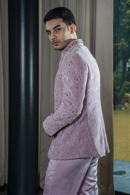 Buy Soniya G Pink Silk, Velvet, Satin Embroidery Paisley Jodhpuri With Pant Online at Aza Fashions Buy_Soniya G_Pink Silk, Velvet, Satin Embroidery Paisley Jodhpuri With Pant _Online_at_Aza_Fashions