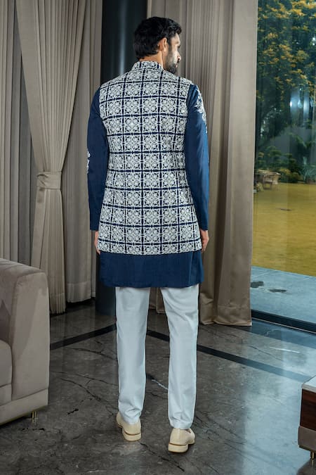 Soniya G Floral Embroidered Blue Bundi Kurta Set 