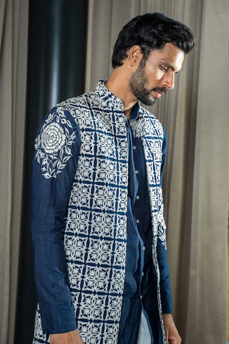 Soniya G Blue Silk, Satin, Handloom Cotton Embroidery, Mirrors Floral Bundi Kurta Set Online at Aza Fashions Soniya G_Blue Silk, Satin, Handloom Cotton Embroidery, Mirrors Floral Bundi Kurta Set _Online_at_Aza_Fashions