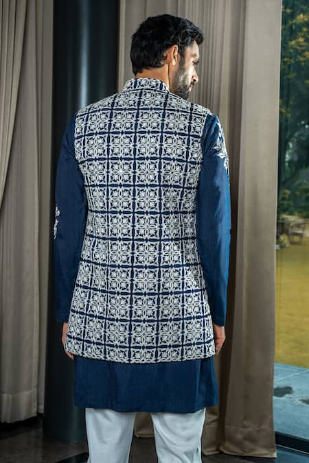 Buy Soniya G Blue Silk, Satin, Handloom Cotton Embroidery, Mirrors Floral Bundi Kurta Set Online at Aza Fashions Buy_Soniya G_Blue Silk, Satin, Handloom Cotton Embroidery, Mirrors Floral Bundi Kurta Set _Online_at_Aza_Fashions