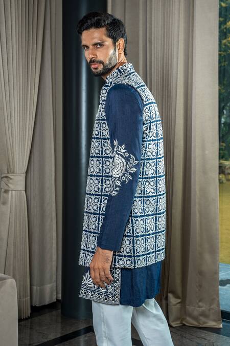 Shop Soniya G Blue Silk, Satin, Handloom Cotton Embroidery, Mirrors Floral Bundi Kurta Set Online at Aza Fashions Shop_Soniya G_Blue Silk, Satin, Handloom Cotton Embroidery, Mirrors Floral Bundi Kurta Set _Online_at_Aza_Fashions