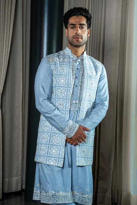 Soniya G_Blue Silk, Satin, Handloom Cotton Embroidery, Mirrors Mandala Bundi Kurta Set _Online_at_Aza_Fashions