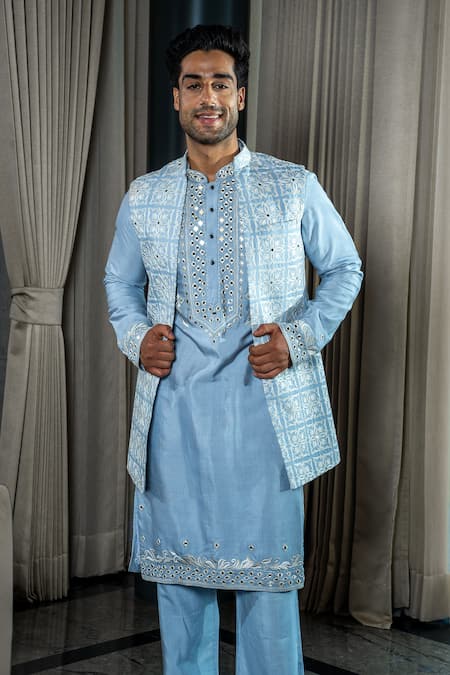 Buy_Soniya G_Blue Silk, Satin, Handloom Cotton Embroidery, Mirrors Mandala Bundi Kurta Set _Online_at_Aza_Fashions