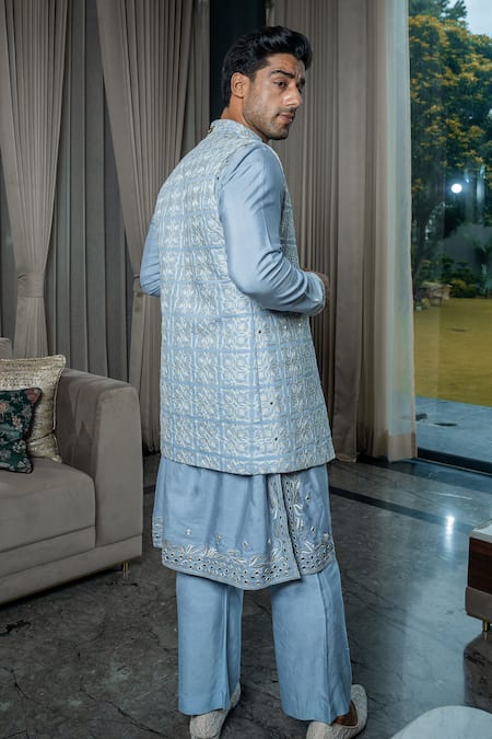 Shop_Soniya G_Blue Silk, Satin, Handloom Cotton Embroidery, Mirrors Mandala Bundi Kurta Set _Online_at_Aza_Fashions