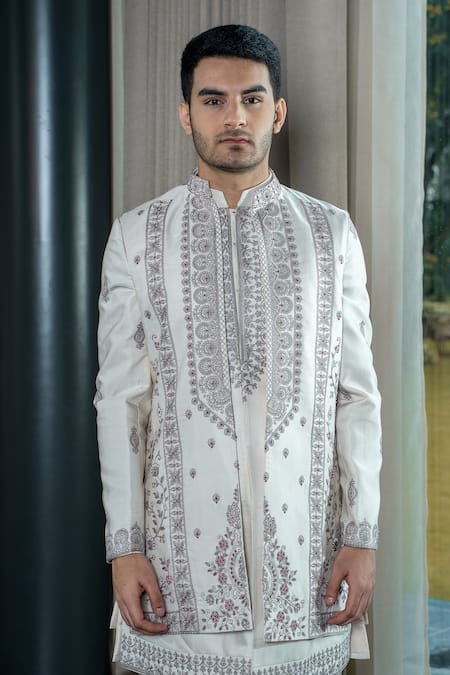 Soniya G Ivory Silk, Satin Embroidery Hand Sherwani And Pant Set Online at Aza Fashions Soniya G_Ivory Silk, Satin Embroidery Hand Sherwani And Pant Set _Online_at_Aza_Fashions
