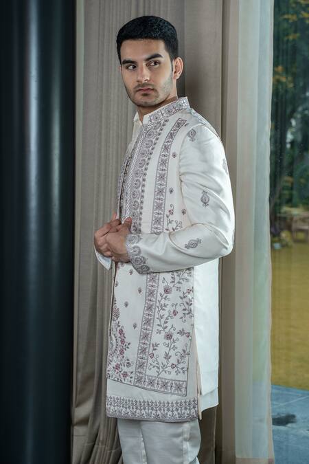 Buy Soniya G Ivory Silk, Satin Embroidery Hand Sherwani And Pant Set Online at Aza Fashions Buy_Soniya G_Ivory Silk, Satin Embroidery Hand Sherwani And Pant Set _Online_at_Aza_Fashions