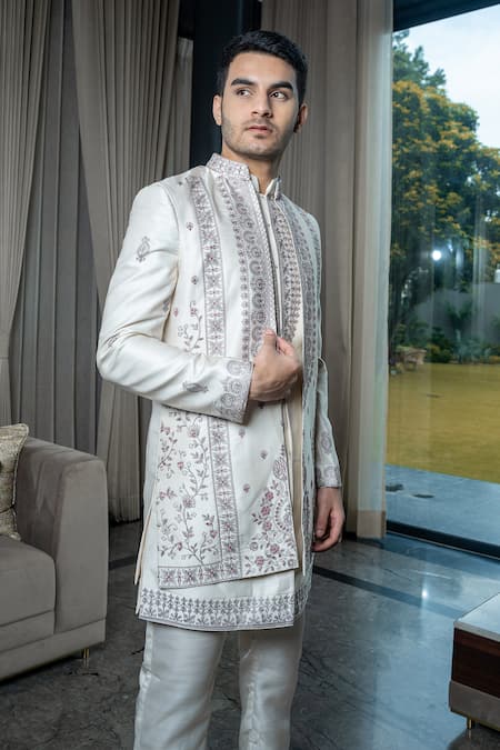 Shop Soniya G Ivory Silk, Satin Embroidery Hand Sherwani And Pant Set Online at Aza Fashions Shop_Soniya G_Ivory Silk, Satin Embroidery Hand Sherwani And Pant Set _Online_at_Aza_Fashions
