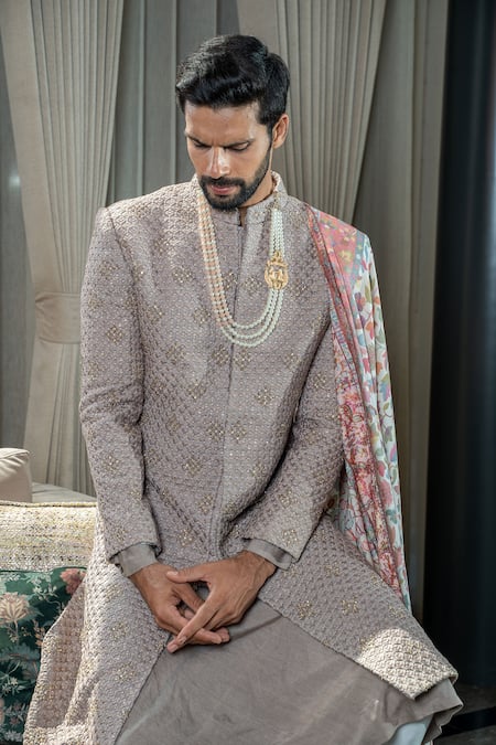 Buy_Soniya G_Grey Silk, Satin Embroidery, Sequins Tonal Hand Sherwani And Pant Set _Online_at_Aza_Fashions