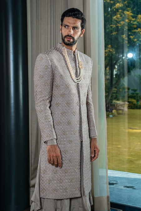 Shop_Soniya G_Grey Silk, Satin Embroidery, Sequins Tonal Hand Sherwani And Pant Set _Online_at_Aza_Fashions