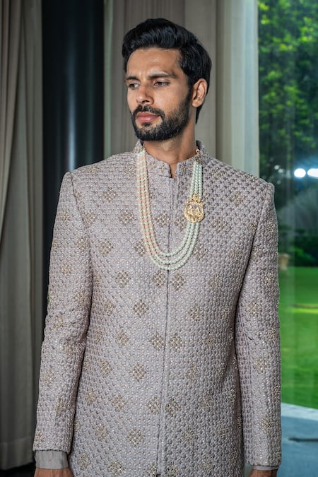 Soniya G_Grey Silk, Satin Embroidery, Sequins Tonal Hand Sherwani And Pant Set _at_Aza_Fashions