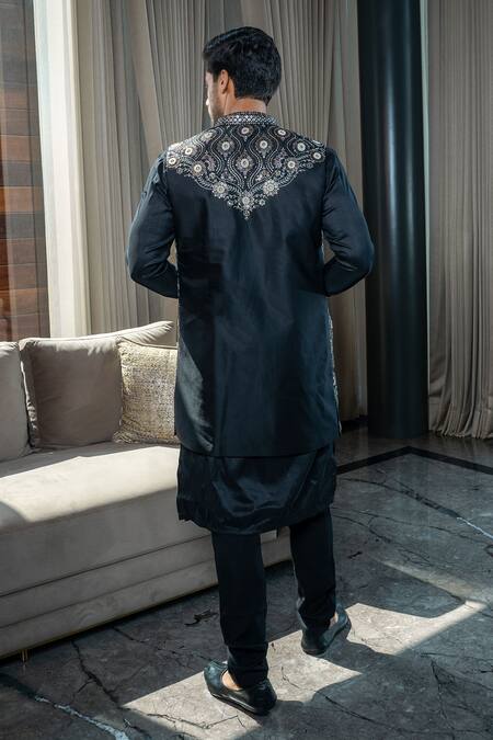 Shop Soniya G Black Silk, Satin Embroidery Floral Swirl Bundi Kurta Set at Aza Fashions Shop_Soniya G_Black Silk, Satin Embroidery Floral Swirl Bundi Kurta Set_at_Aza_Fashions
