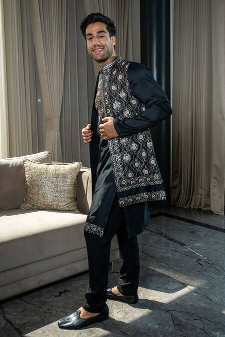 Shop Soniya G Black Silk, Satin Embroidery Floral Swirl Bundi Kurta Set Online at Aza Fashions Shop_Soniya G_Black Silk, Satin Embroidery Floral Swirl Bundi Kurta Set_Online_at_Aza_Fashions