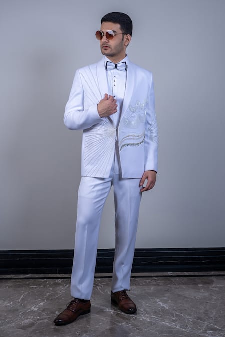 Shop_Soniya G_Ivory Cotton, Satin Beads, Embroidery Abstract Tuxedo Set _at_Aza_Fashions