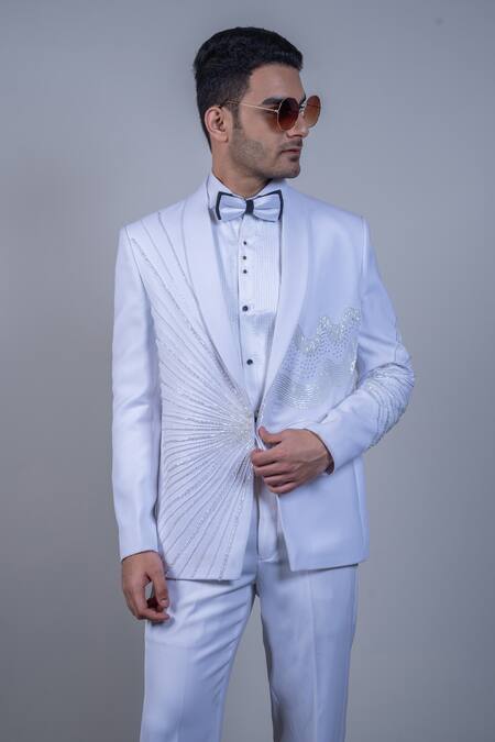 Soniya G_Ivory Cotton, Satin Beads, Embroidery Abstract Tuxedo Set _Online_at_Aza_Fashions