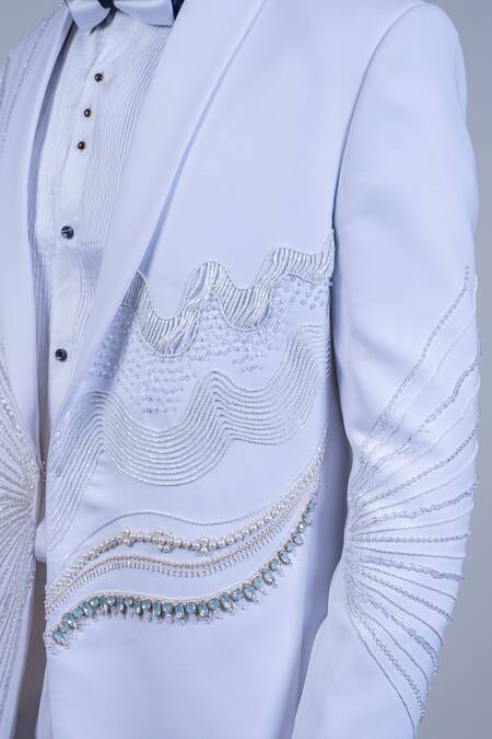 Shop_Soniya G_Ivory Cotton, Satin Beads, Embroidery Abstract Tuxedo Set _Online_at_Aza_Fashions