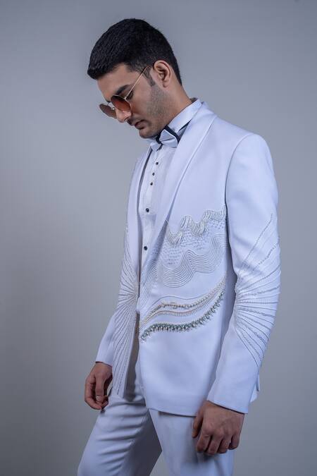 Soniya G_Ivory Cotton, Satin Beads, Embroidery Abstract Tuxedo Set _at_Aza_Fashions