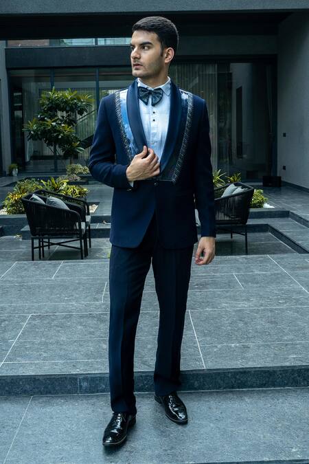 Soniya G_Blue Corduroy, Satin Beads Embroidered Tuxedo Pant Set _Online_at_Aza_Fashions