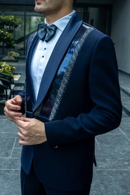 Buy_Soniya G_Blue Corduroy, Satin Beads Embroidered Tuxedo Pant Set _Online_at_Aza_Fashions