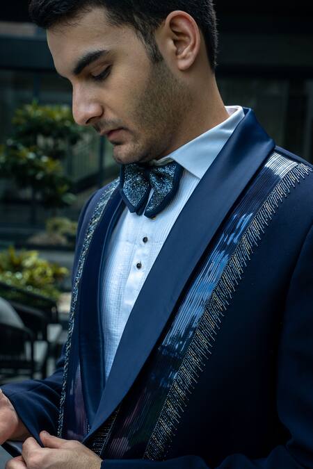 Shop_Soniya G_Blue Corduroy, Satin Beads Embroidered Tuxedo Pant Set _Online_at_Aza_Fashions