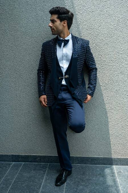 Soniya G_Black Satin, Cotton Beads, Sequins Embellished Tuxedo Pant Set _Online_at_Aza_Fashions