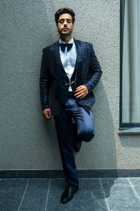 Buy_Soniya G_Black Satin, Cotton Beads, Sequins Embellished Tuxedo Pant Set _Online_at_Aza_Fashions